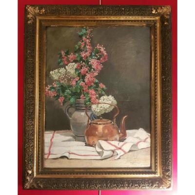 Oil On Canvas - Still Life - Tellière In Copper - Illegible Signature - 19th