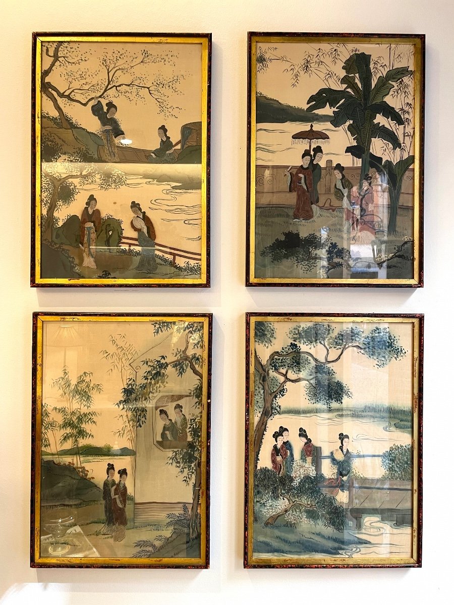 Set Of Beautiful Four Painted Panels Painted On Silk