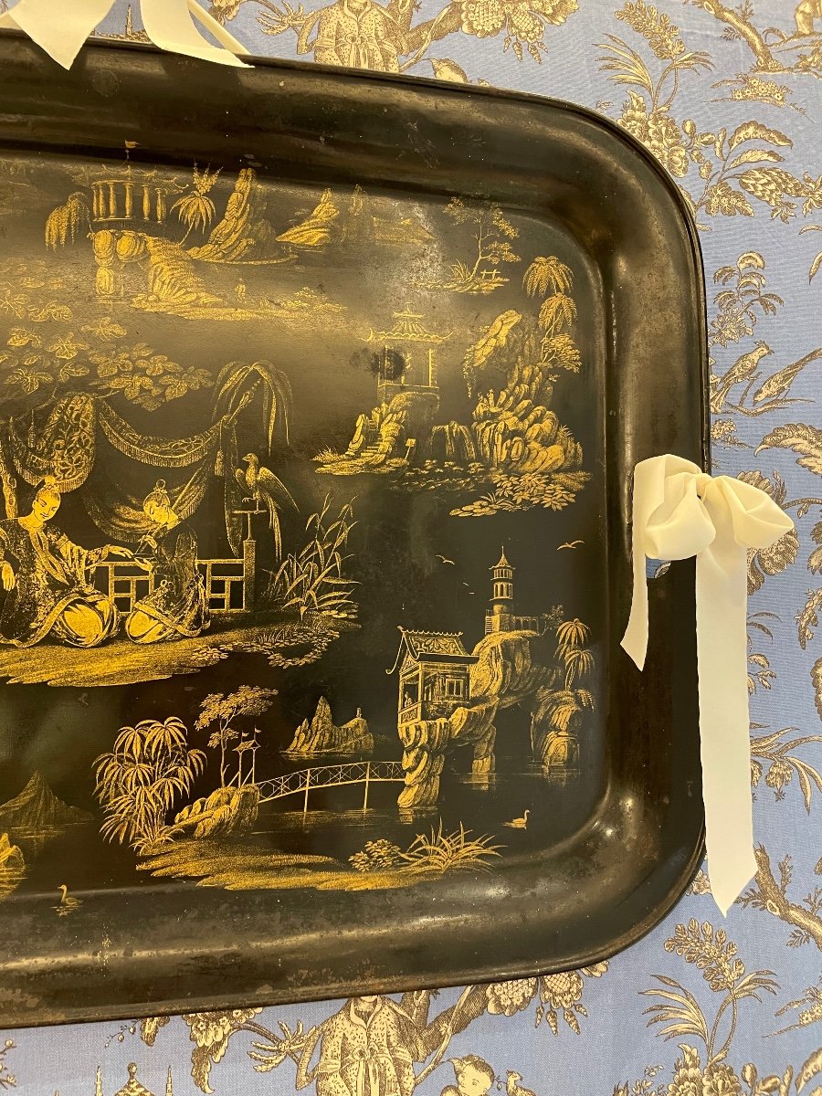 Large Service Tray In Painted Sheet Metal Decorated With Golden Sinising Scenes, Napoleon III-photo-2