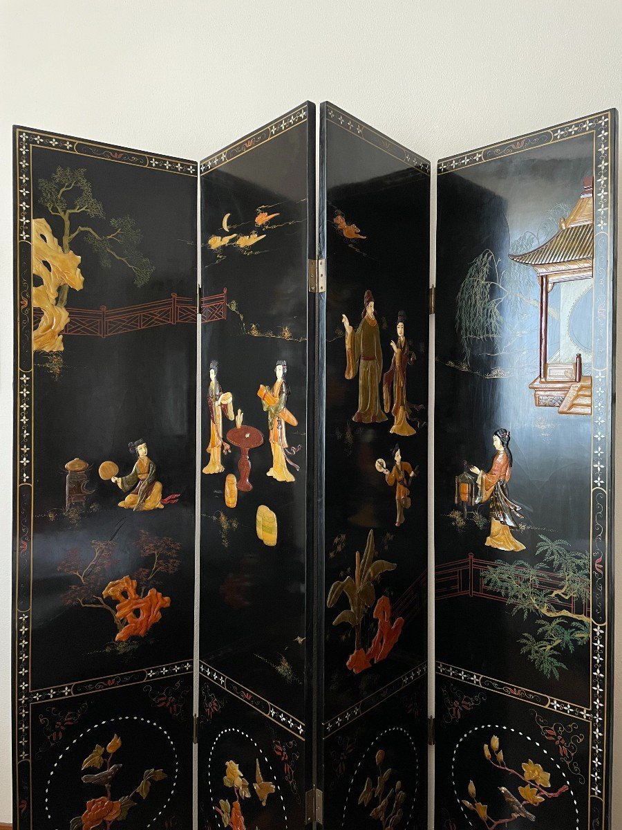 Paravent En Laque Noire Et Pierres Semi-précieuses.chine, Première Moitié Du XXème Siècle-photo-2