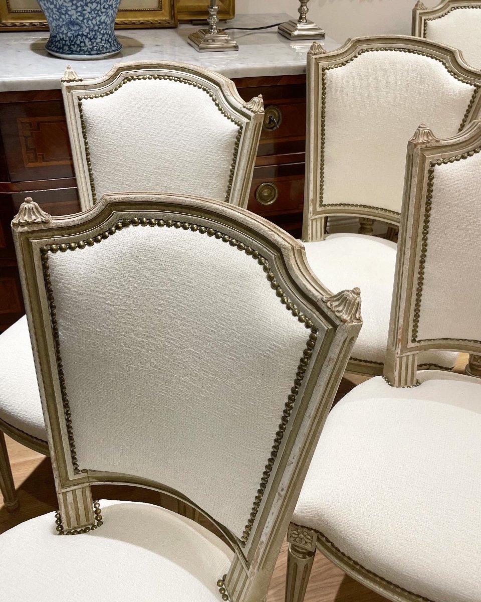 Suite De Six Chaises De Style Louis XVI En Bois Laqué Gris - Sage -photo-2