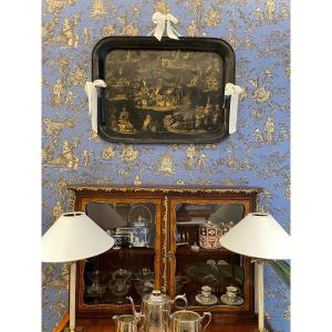 Large Service Tray In Painted Sheet Metal Decorated With Golden Sinising Scenes, Napoleon III