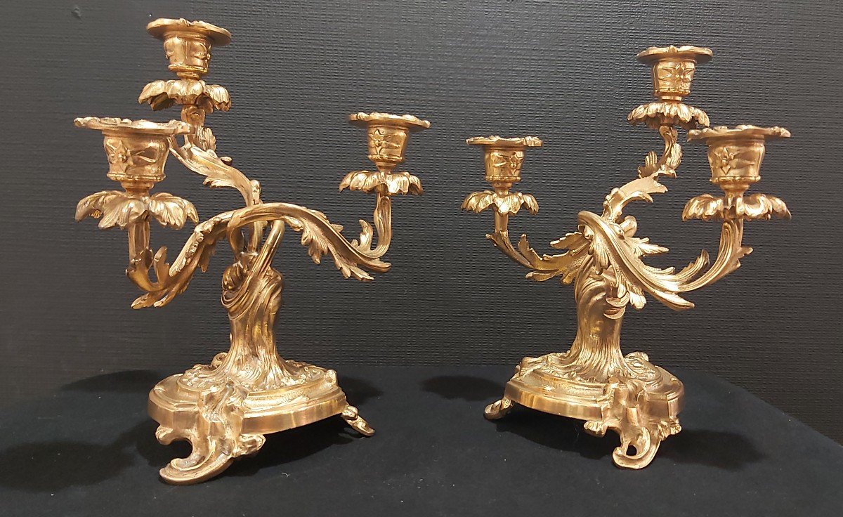 Pair Of "ends Of Table" Candlesticks In Gilt Bronze
