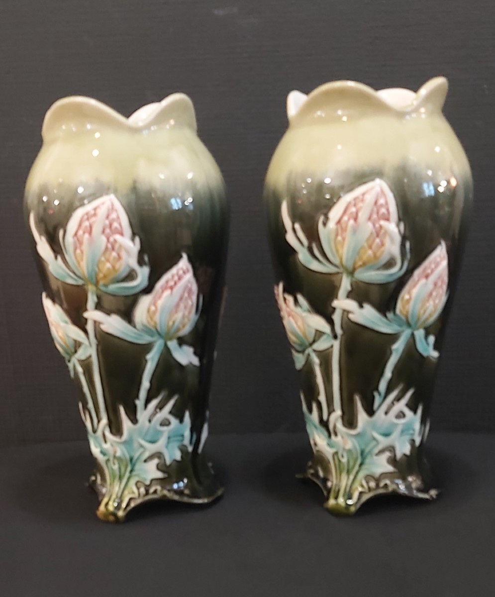 Vases barbotine de la faïencerie Gustave de Bruyn à Fives (Lille) Art Nouveau 