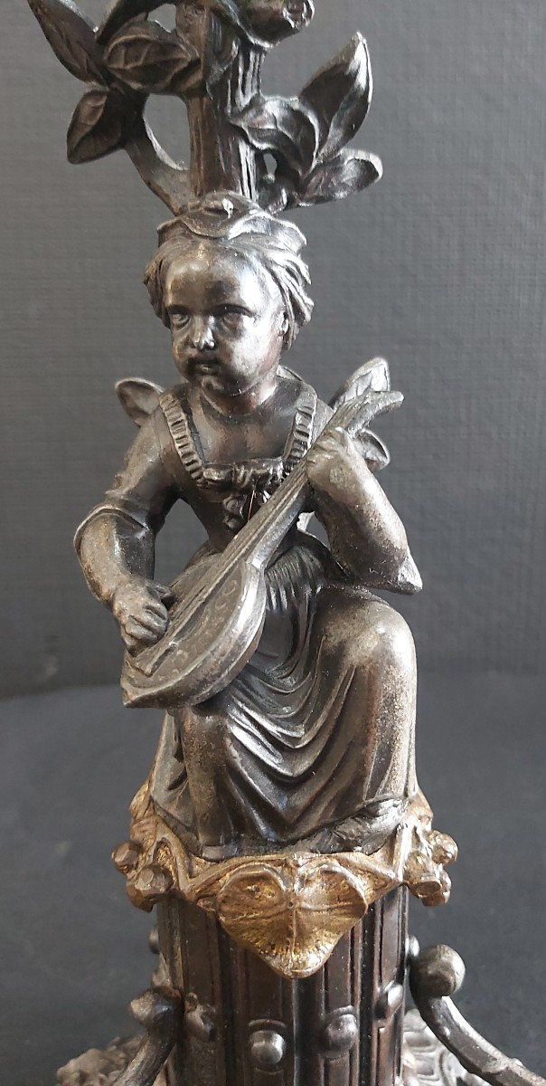 Paire de chandeliers régule et bronze, enfants musiciens, XIXème.-photo-2