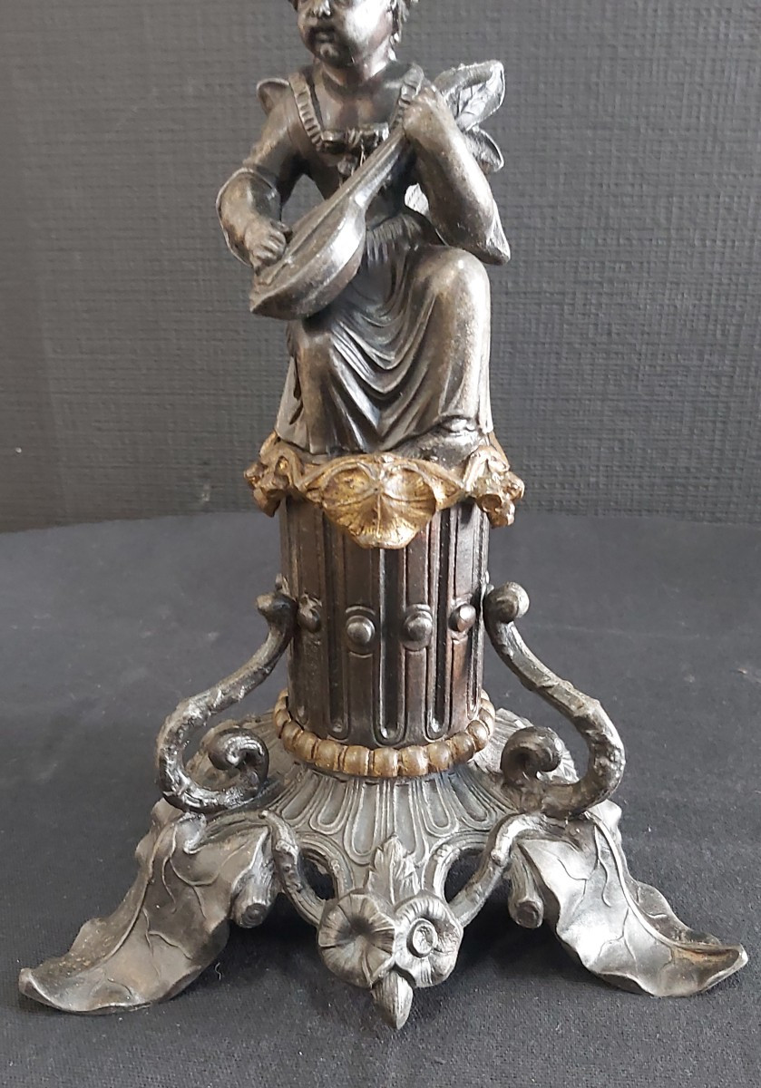 Paire de chandeliers régule et bronze, enfants musiciens, XIXème.-photo-3