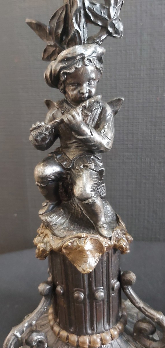 Paire de chandeliers régule et bronze, enfants musiciens, XIXème.-photo-2