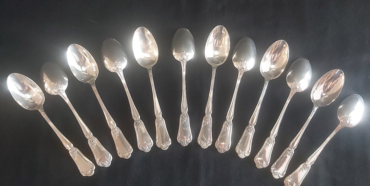 12 Solid Silver Teaspoons, Art Nouveau.-photo-2