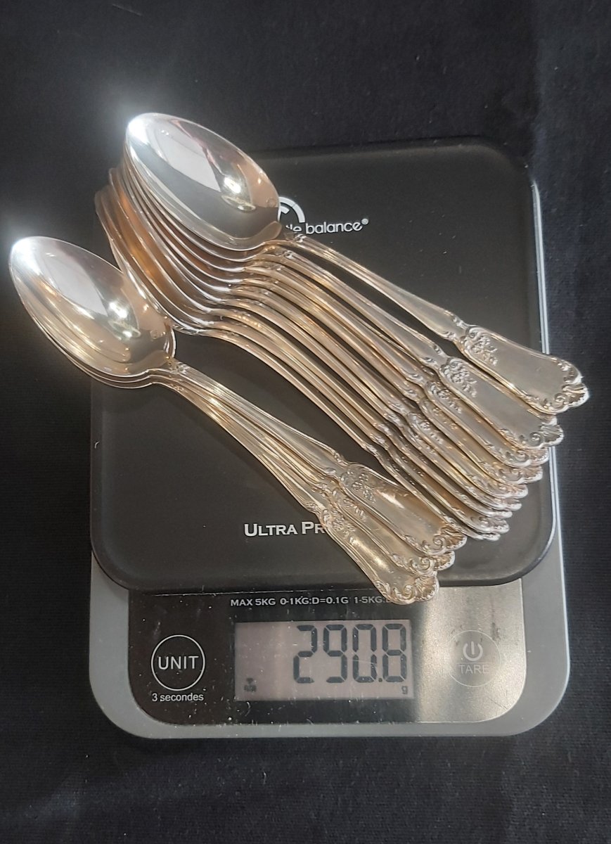 12 Solid Silver Teaspoons, Art Nouveau.-photo-6
