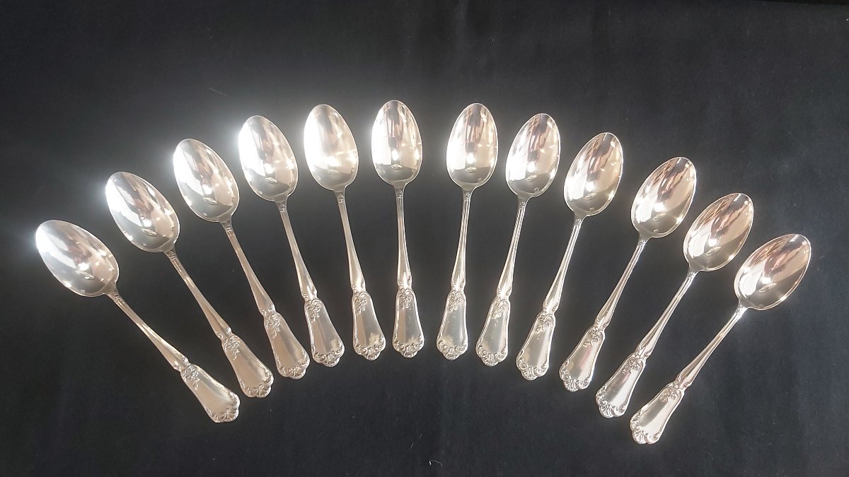 12 Solid Silver Teaspoons, Art Nouveau.