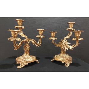 Pair Of "ends Of Table" Candlesticks In Gilt Bronze