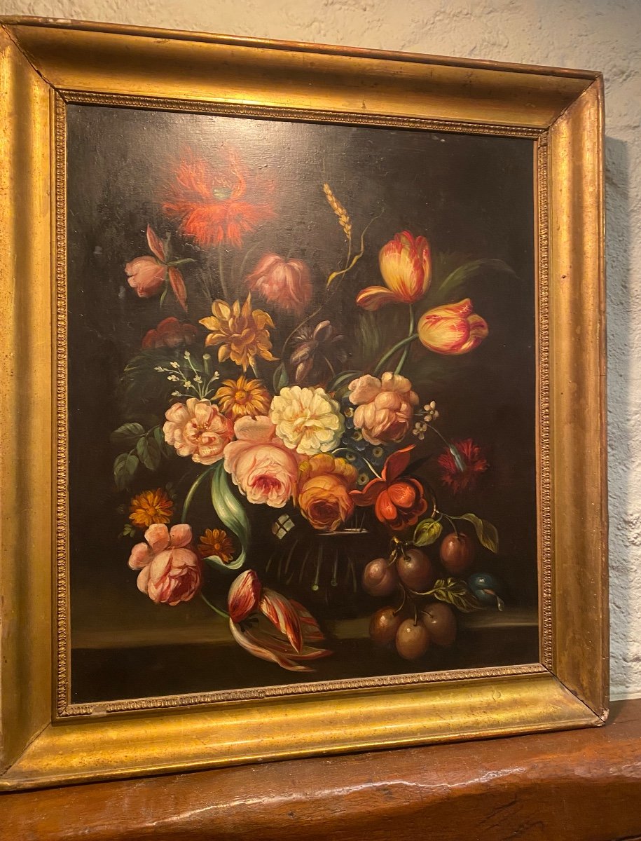 Huile Sur Toile Nature Morte Aux Fleurs Et Raisins XIXe-photo-2
