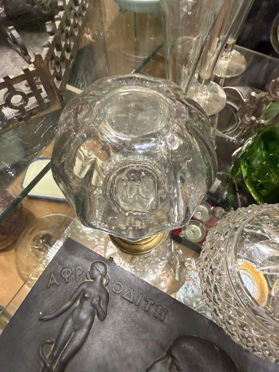 Boule d’escalier en verre moulé-pressé, monture bronze, vers 1900-1930-photo-3