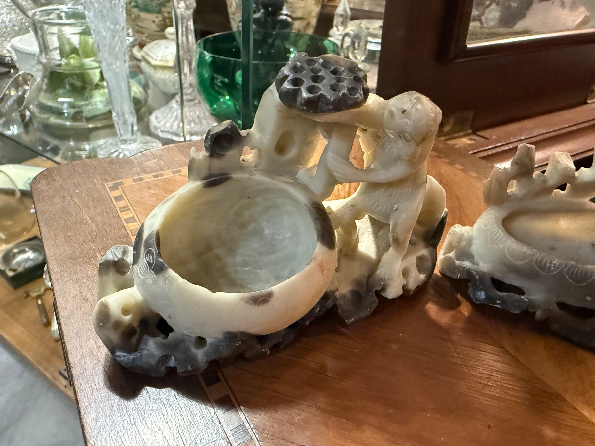 Paire de porte-encens / vide-poche en stéatite sculptée, Chine, milieu XXᵉ-photo-3
