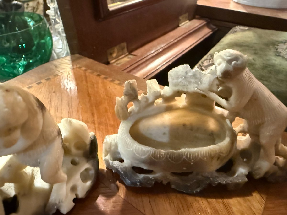 Paire de porte-encens / vide-poche en stéatite sculptée, Chine, milieu XXᵉ-photo-4