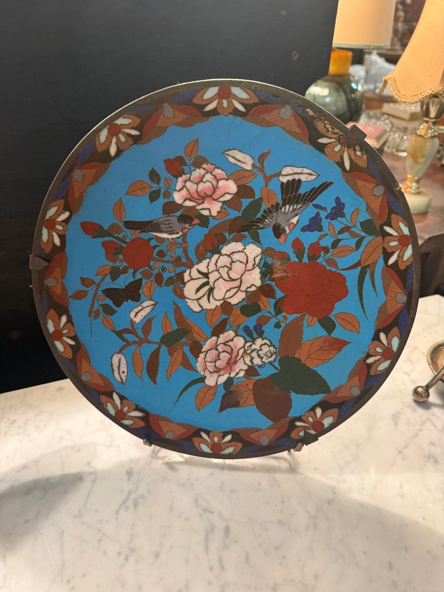 Cloisonné Enamel Dish On Copper, Decorated With Birds And Peonies On A Blue Background, Japan—late 19th Century -photo-2