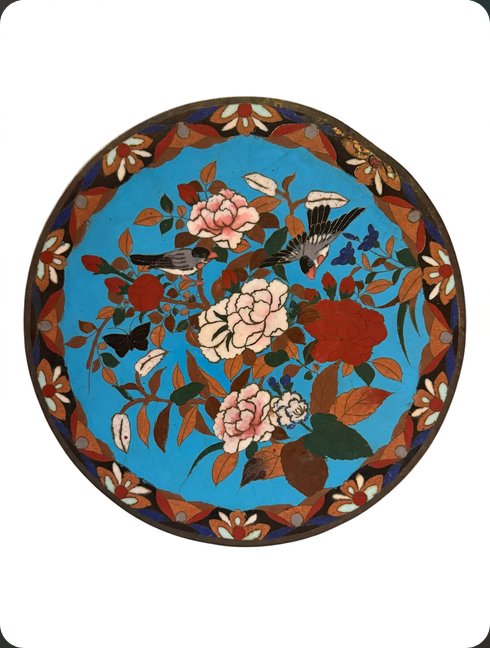 Cloisonné Enamel Dish On Copper, Decorated With Birds And Peonies On A Blue Background, Japan—late 19th Century 
