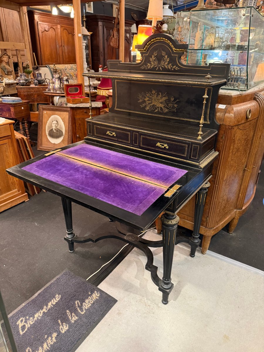 Bonheur du Jour Napoléon III bois noirci et incrustations de laiton - vers 1860-1880-photo-3