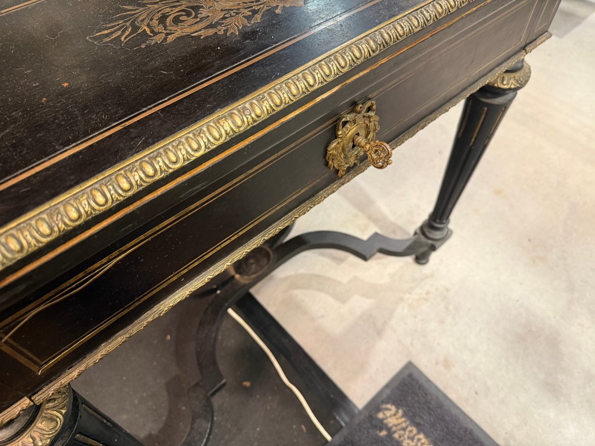 Bonheur du Jour Napoléon III bois noirci et incrustations de laiton - vers 1860-1880-photo-4