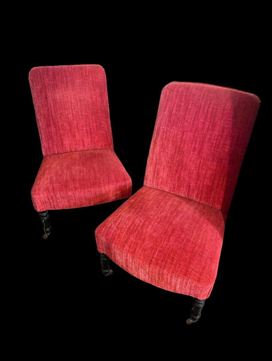  Paire de chauffeuses / chaises basses Napoléon III - Velours rouge - Vers 1870