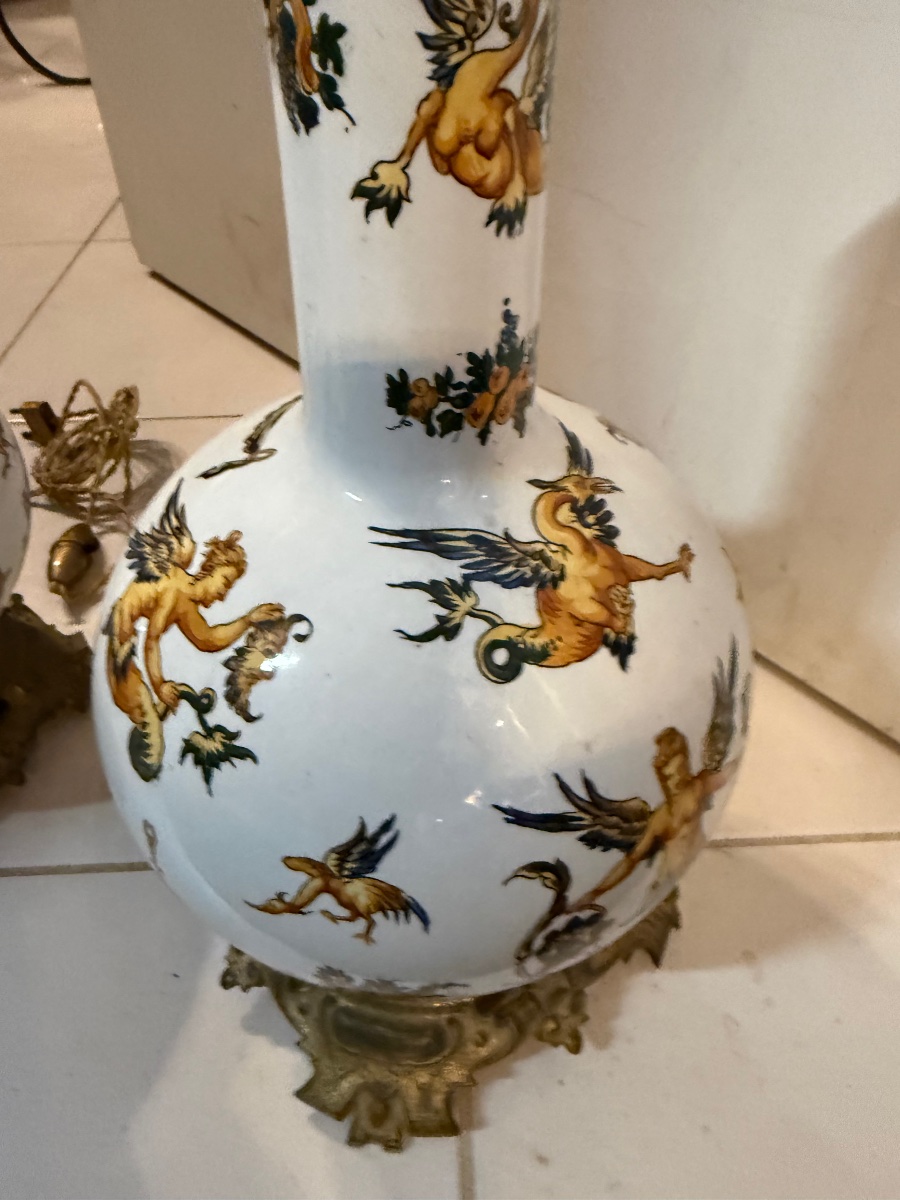 Pair Of Gien Earthenware Lamps With Bronze Frames-photo-2