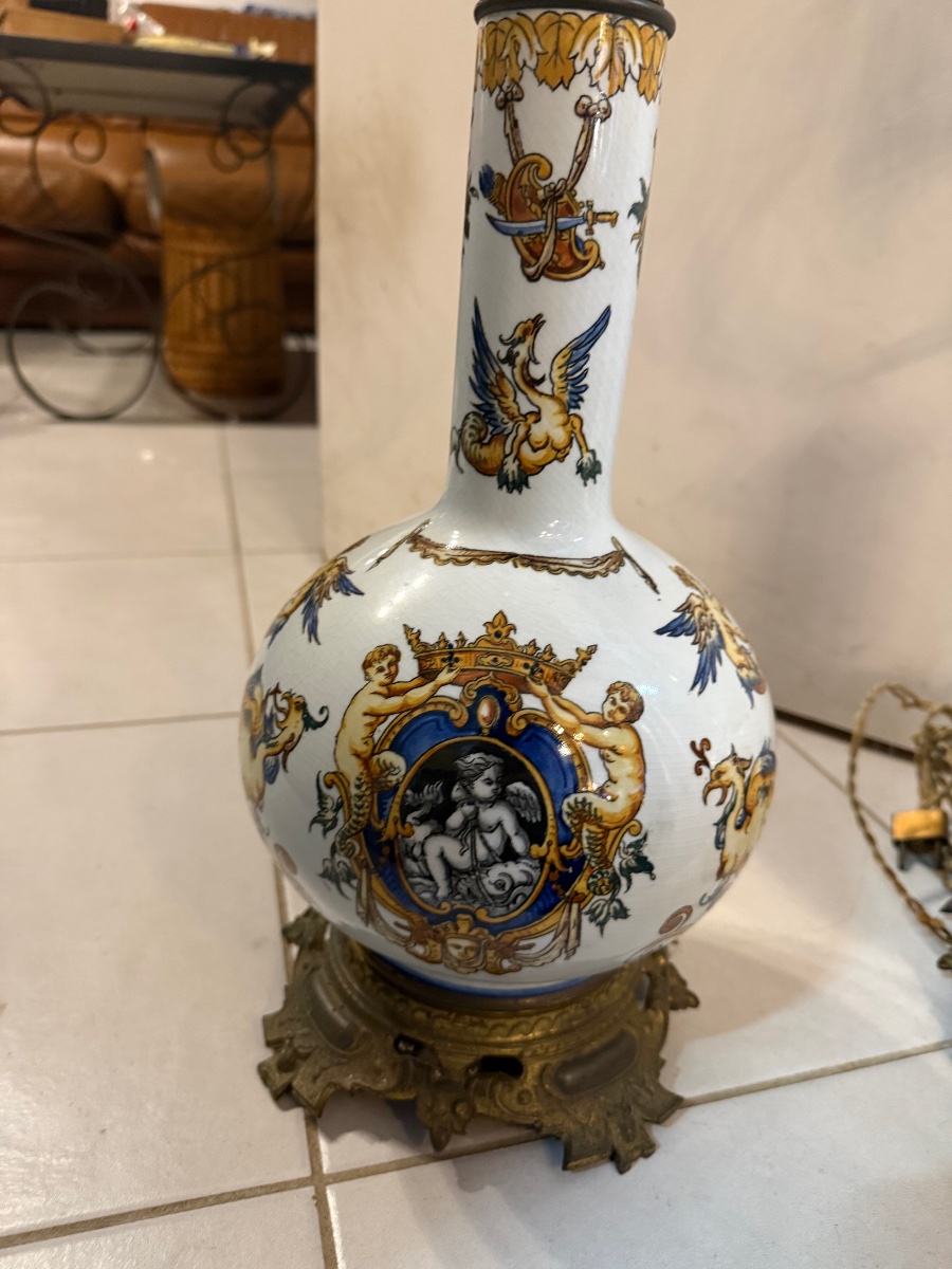 Pair Of Gien Earthenware Lamps With Bronze Frames-photo-1