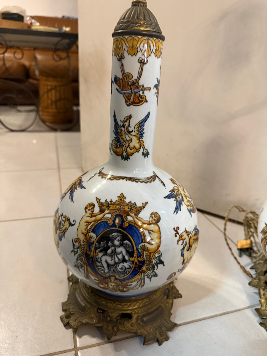 Pair Of Gien Earthenware Lamps With Bronze Frames-photo-2