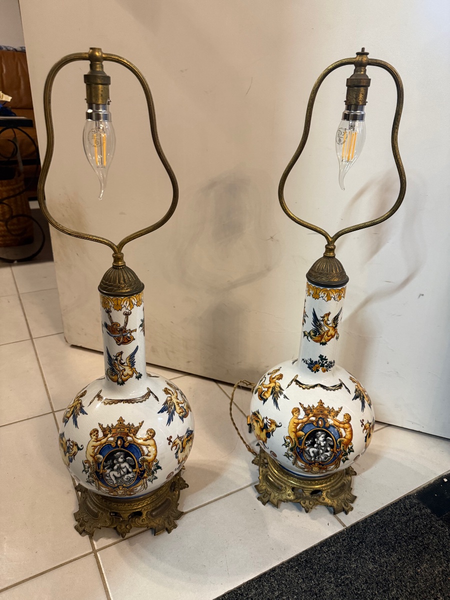 Pair Of Gien Earthenware Lamps With Bronze Frames