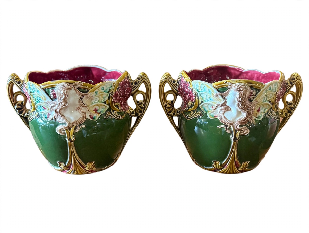 Pair Of Polychrome Slip-glazed Planter Pots, Iconic Model No. 824, Known As "biarrit"