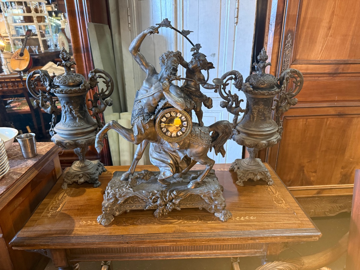 3-piece Napoleon III Fireplace Set - Clock Featuring The Centaur Bacchus And A Bacchante -photo-4