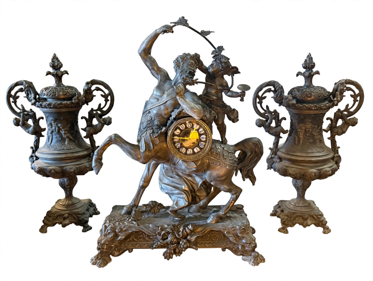 3-piece Napoleon III Fireplace Set - Clock Featuring The Centaur Bacchus And A Bacchante 