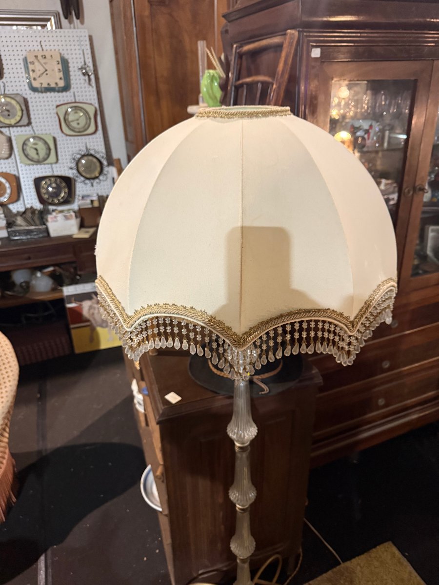 Lampadaire sur pied vintage – Fût cristal / verre moulé – Abat-jour à perles-photo-3