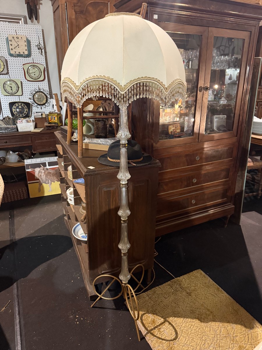 Lampadaire sur pied vintage – Fût cristal / verre moulé – Abat-jour à perles-photo-4