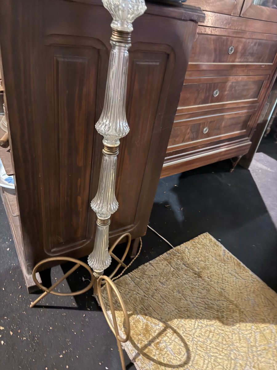 Lampadaire sur pied vintage – Fût cristal / verre moulé – Abat-jour à perles-photo-1