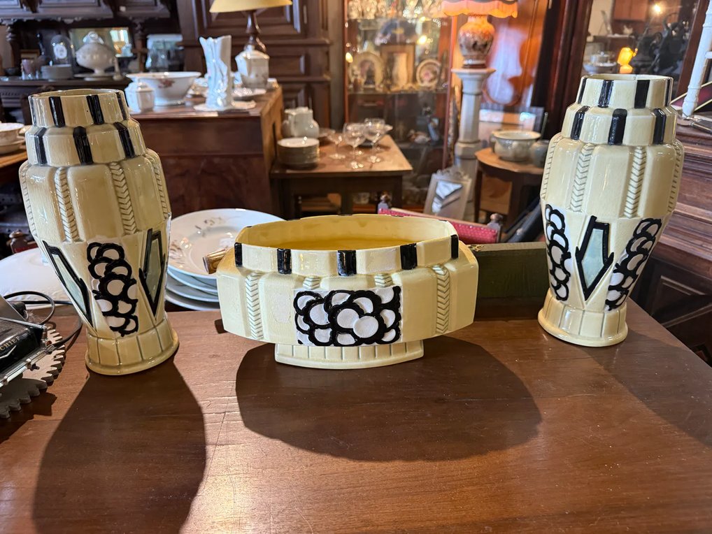 3-piece Art Deco Mantelpiece Set, Circa 1930–1935, Crackled Earthenware-photo-2