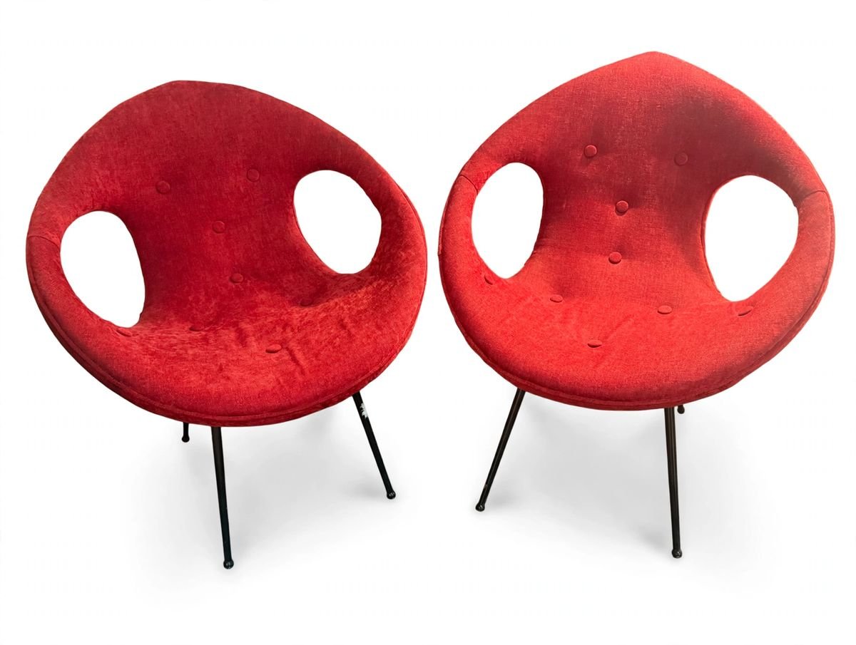 Pair Of Red Vintage Egg-shaped Armchairs - 1960s/1970s Design - Egg / Space Age Style