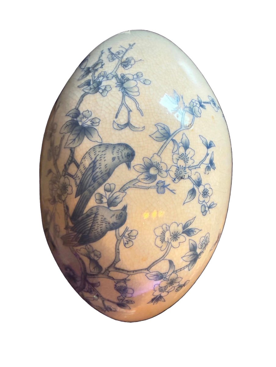 Grand œuf décoratif en céramique craquelée - décor oiseaux, papillons et fleurs de cerisier -photo-1