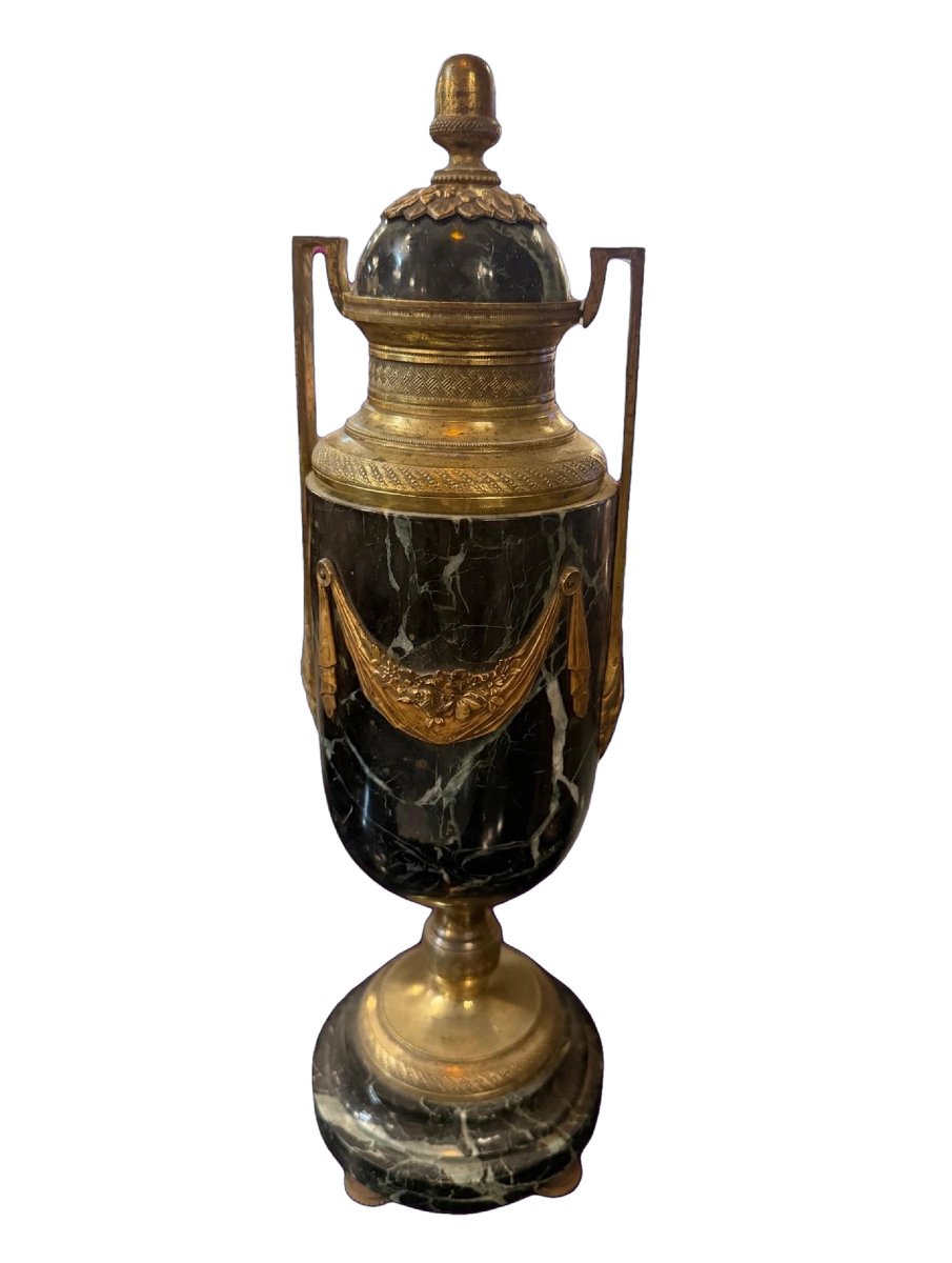 Garniture de cheminée Napoléon III / Style Empire - Marbre vert de mer et bronze doré-photo-2