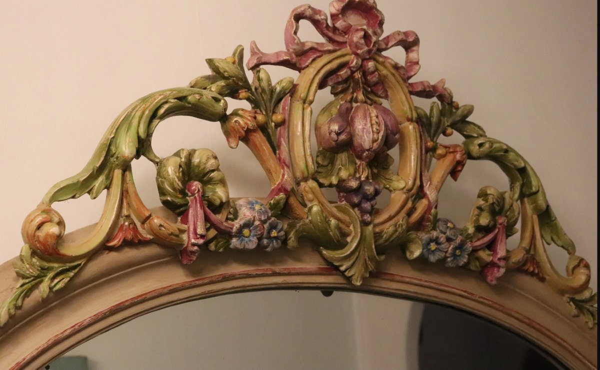 Miroir ovale en bois sculpté de style Italien à décor de fruits polychrome-photo-4