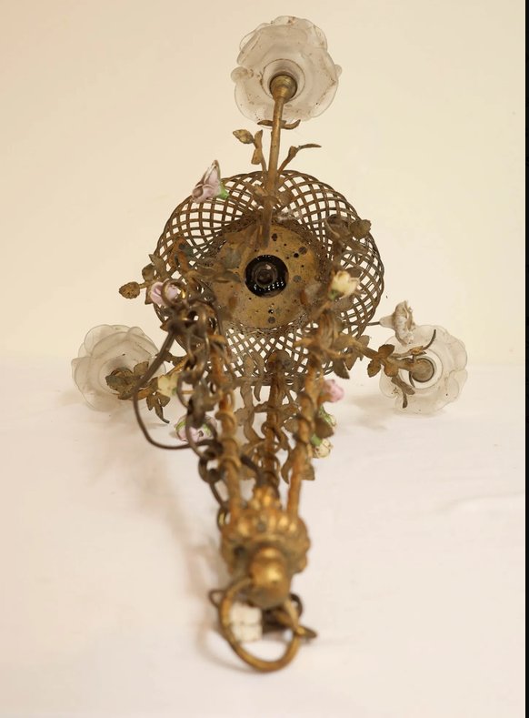 4-light Brass And Braided Brass Basket-style Pendant Light With Three Pressed Glass Shades -photo-3