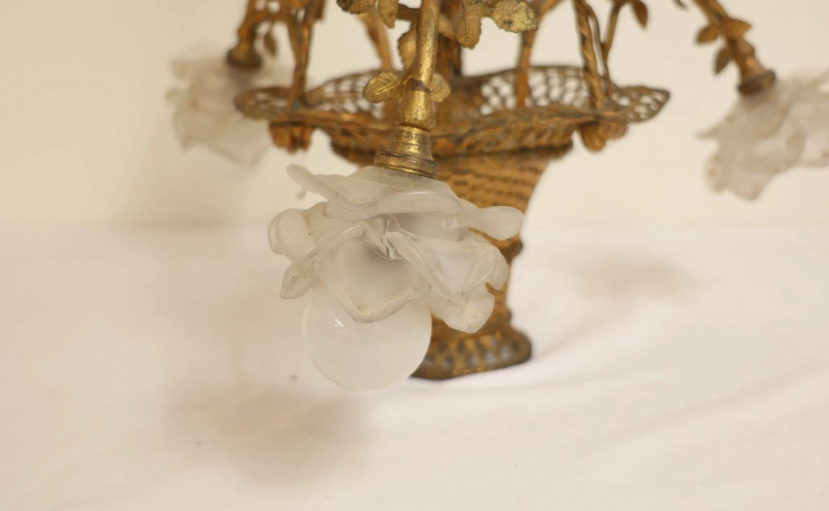 4-light Brass And Braided Brass Basket-style Pendant Light With Three Pressed Glass Shades -photo-1