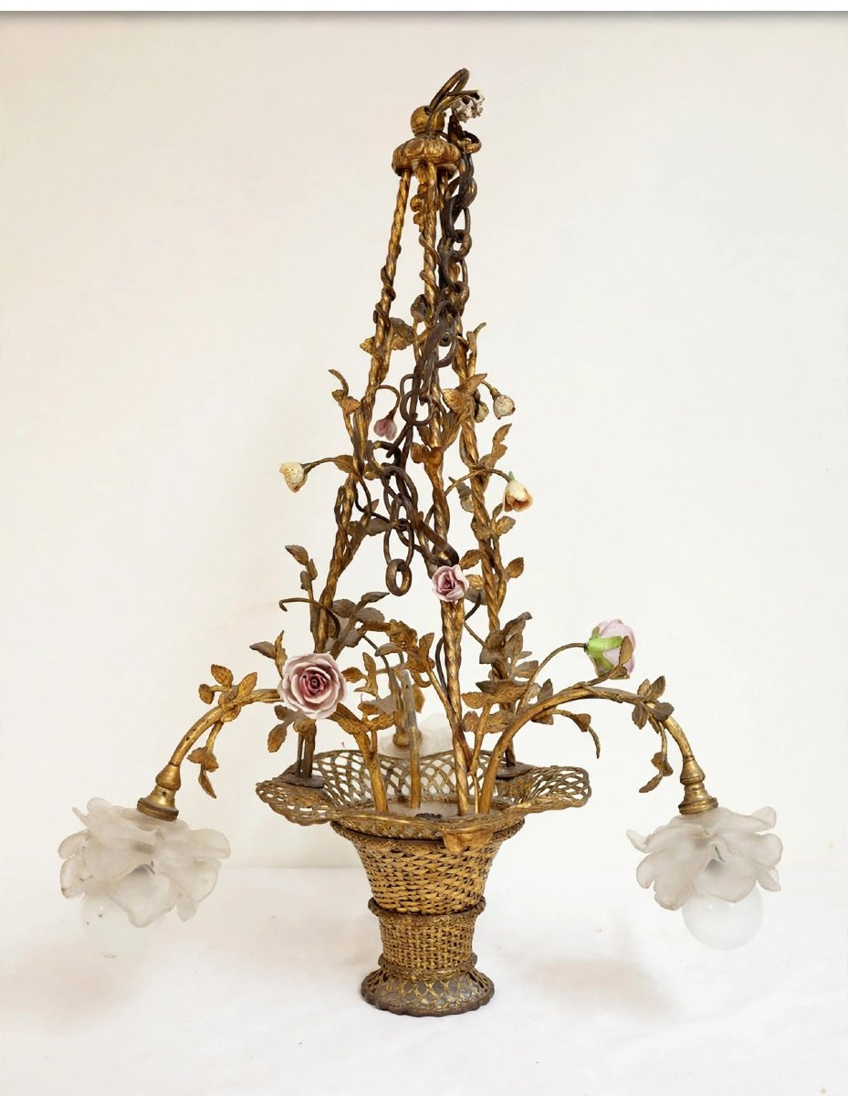 4-light Brass And Braided Brass Basket-style Pendant Light With Three Pressed Glass Shades 
