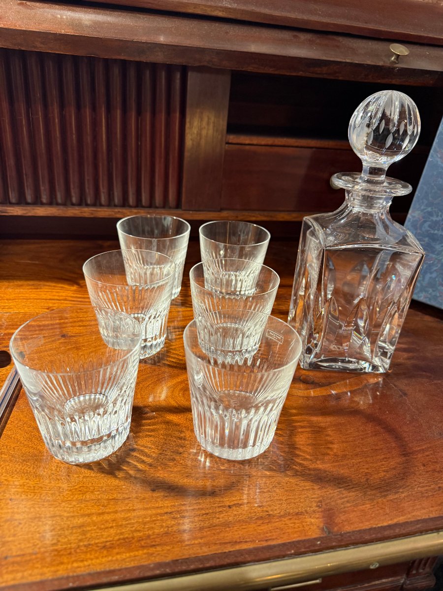 Service à whisky Saint-Louis modèle Manhattan - Carafe et 6 gobelets cristal, coffret d'origine-photo-2