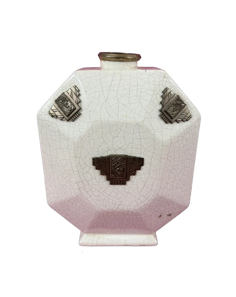 Art Deco Vase With A Flattened Body And Beveled Sides, Made Of White Glazed Ceramic With A Crackled Finish.-photo-2