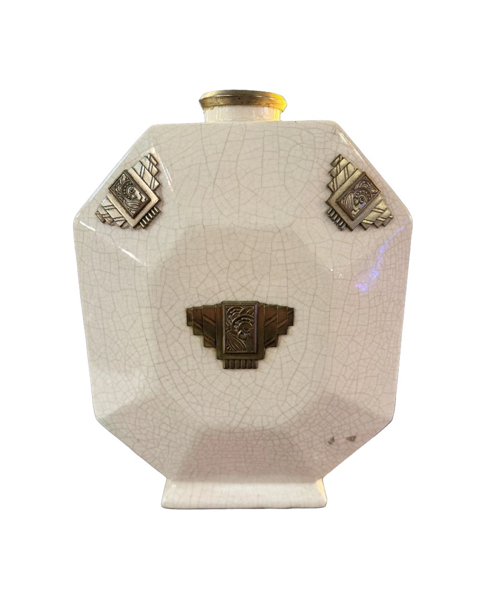 Art Deco Vase With A Flattened Body And Beveled Sides, Made Of White Glazed Ceramic With A Crackled Finish.