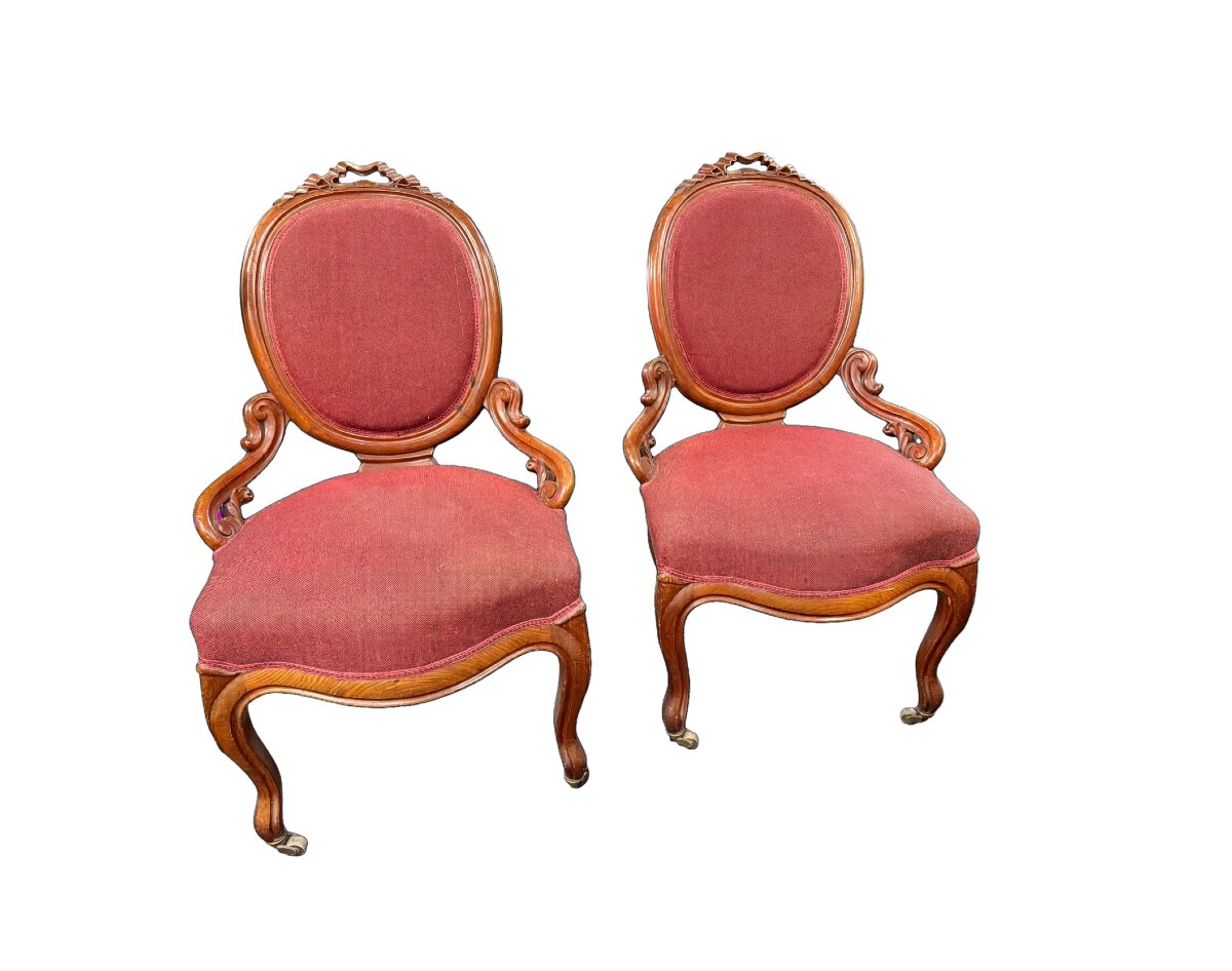 Pair Of Armchairs With Oval Medallion Backs In The Napoleon III / Louis-philippe Style—circa 1860-photo-1