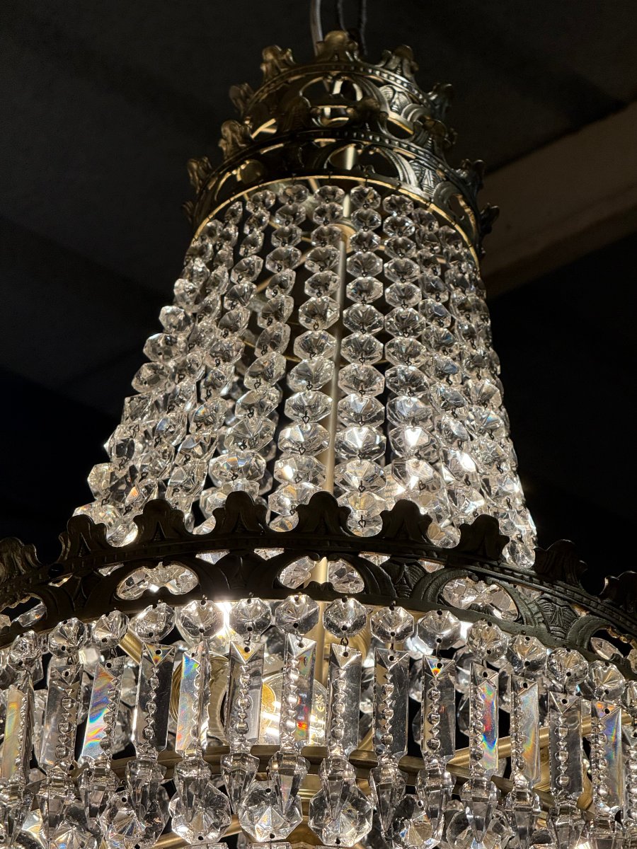 lustre corbeille cage à pampilles en cristal et bronze doré - Style Louis XV 90 CM H 8 FEUX-photo-3
