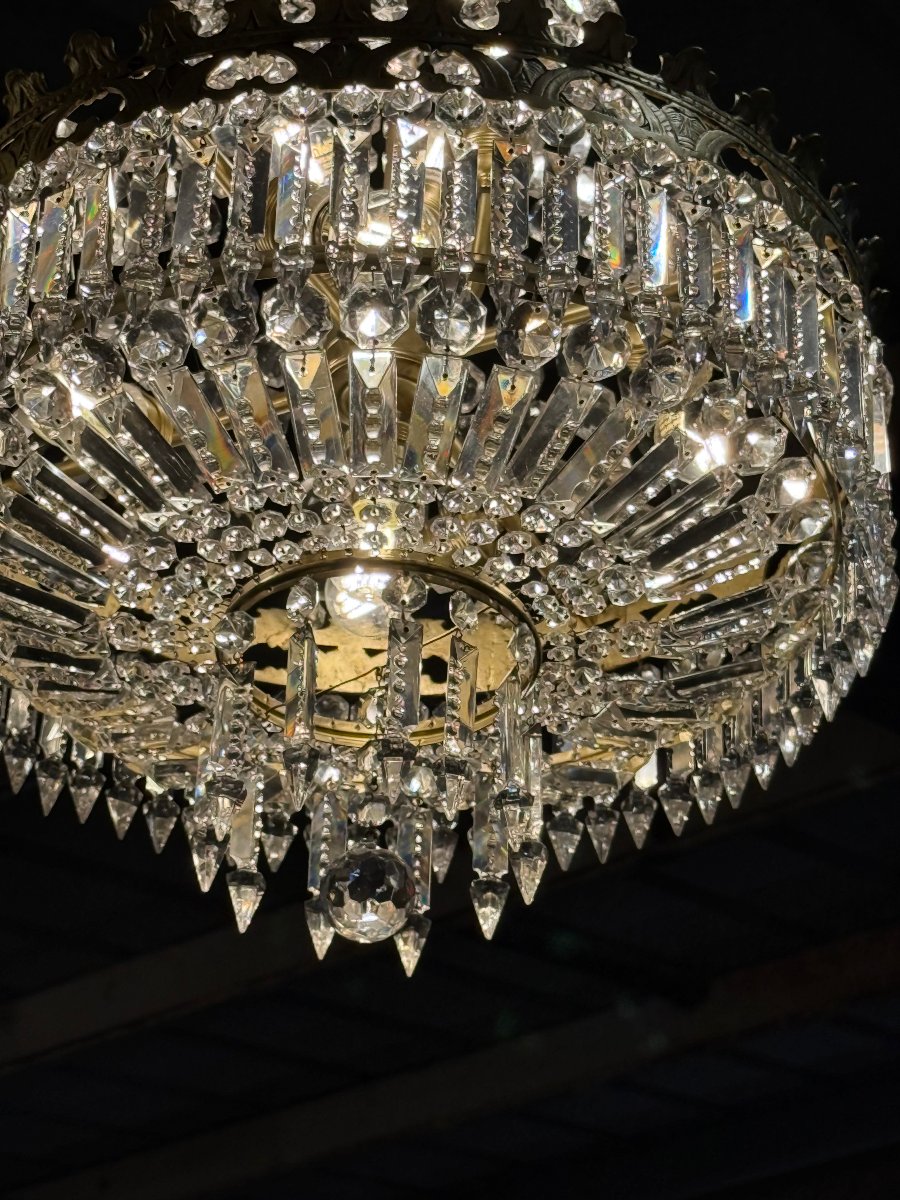 lustre corbeille cage à pampilles en cristal et bronze doré - Style Louis XV 90 CM H 8 FEUX-photo-4
