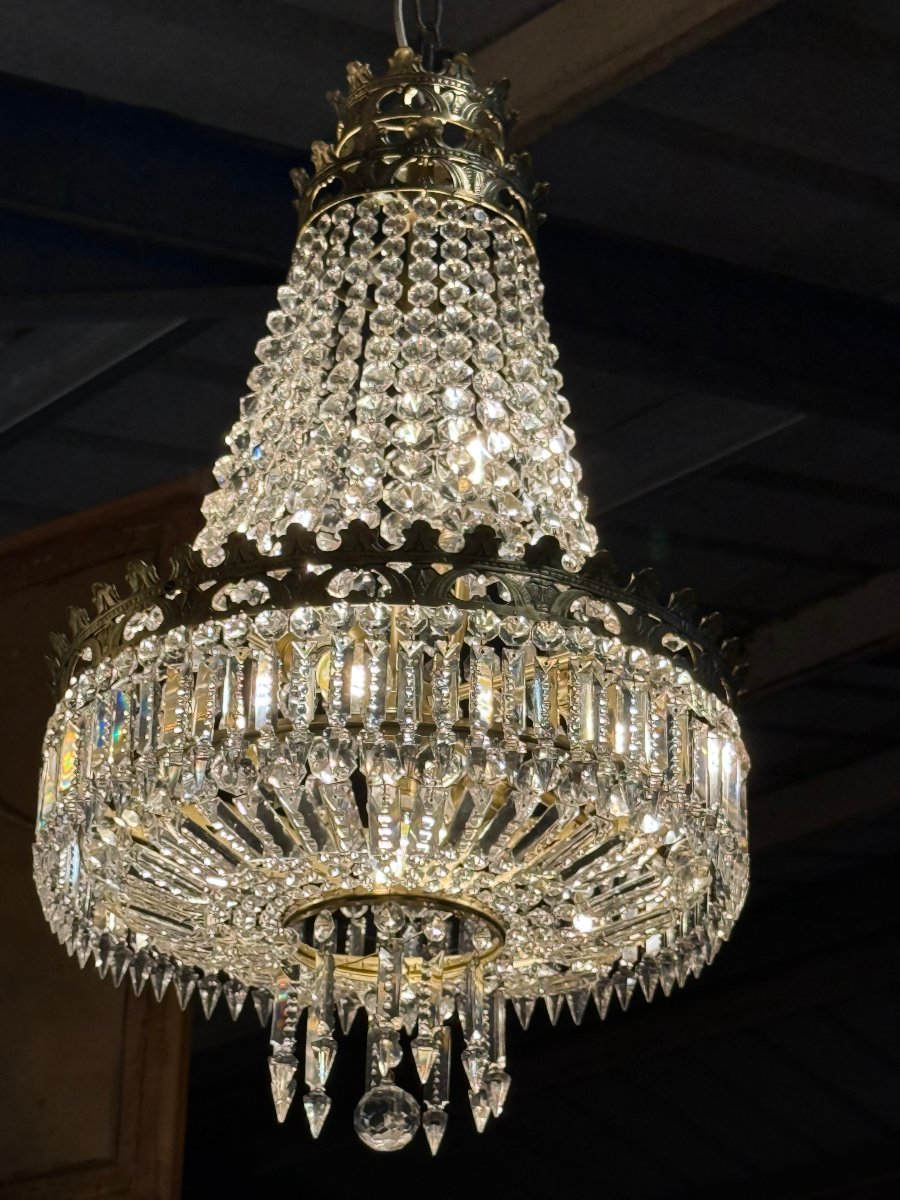 lustre corbeille cage à pampilles en cristal et bronze doré - Style Louis XV 90 CM H 8 FEUX