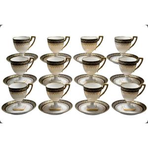 Service à café 12 tasses Empire, Porcelaine de Limoges, marque "A.F.", vers 1900-1920